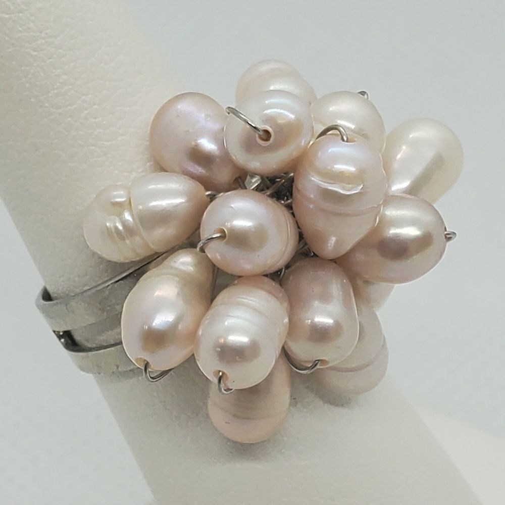 Genuine Pearl Beaded Adjustable Silver Ring - Picture 2 of 6